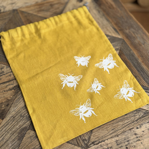 'Bea’s Bee' Pure Linen Drawstring Bread Bag - 35cm x 45cm