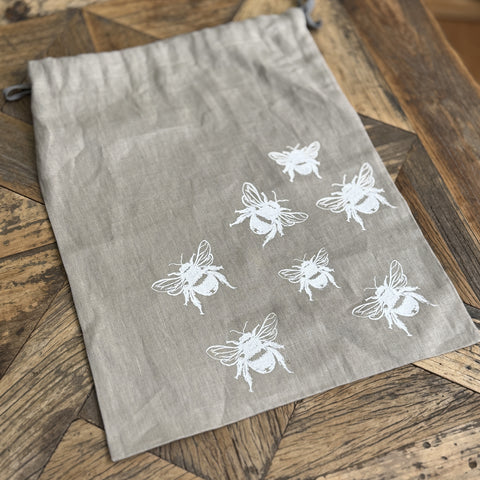 'Bea’s Bee' Pure Linen Drawstring Bread Bag - 35cm x 45cm