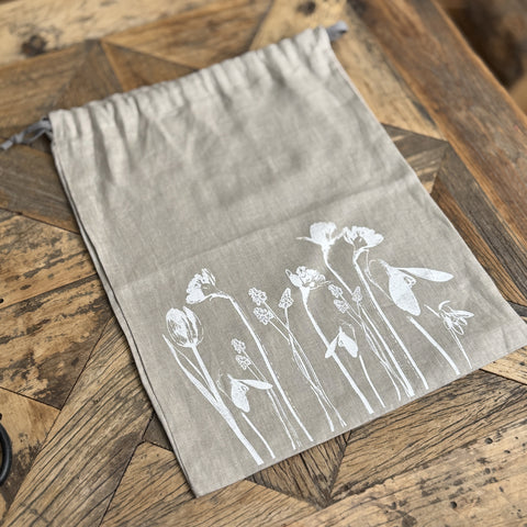 'Spring Fling' Pure Linen Drawstring Bread Bag - 35cm x 45cm