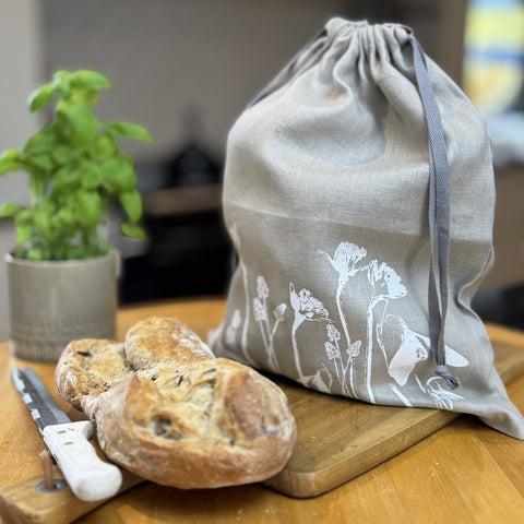'Spring Fling' Pure Linen Drawstring Bread Bag - 35cm x 45cm