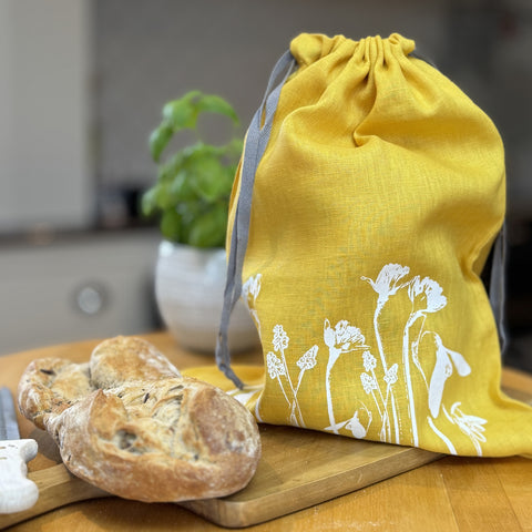 'Spring Fling' Pure Linen Drawstring Bread Bag - 35cm x 45cm