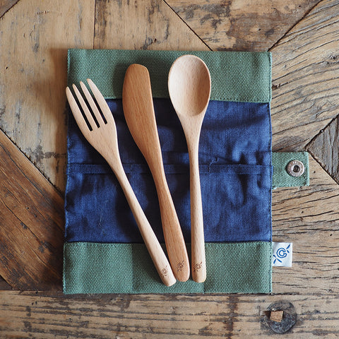 'Bea’s Bee' Picnic Set - Beech Knife, Fork, Spoon in wrap