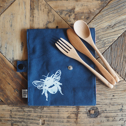 'Bea’s Bee' Picnic Set - Beech Knife, Fork, Spoon in wrap