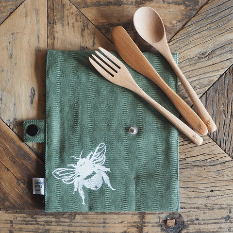 'Bea’s Bee' Picnic Set - Beech Knife, Fork, Spoon in wrap