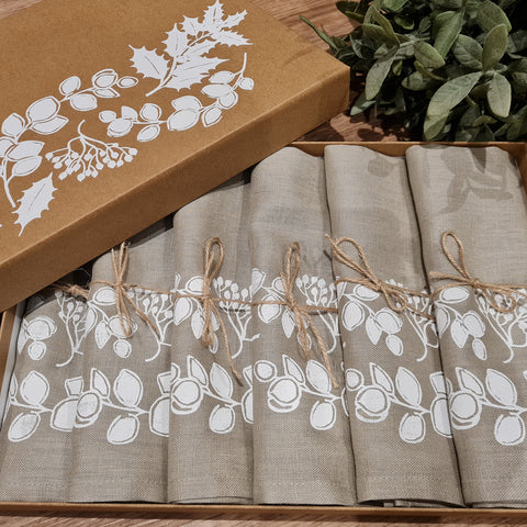 'Winter Berries' Pure Linen Napkin - Set of 6